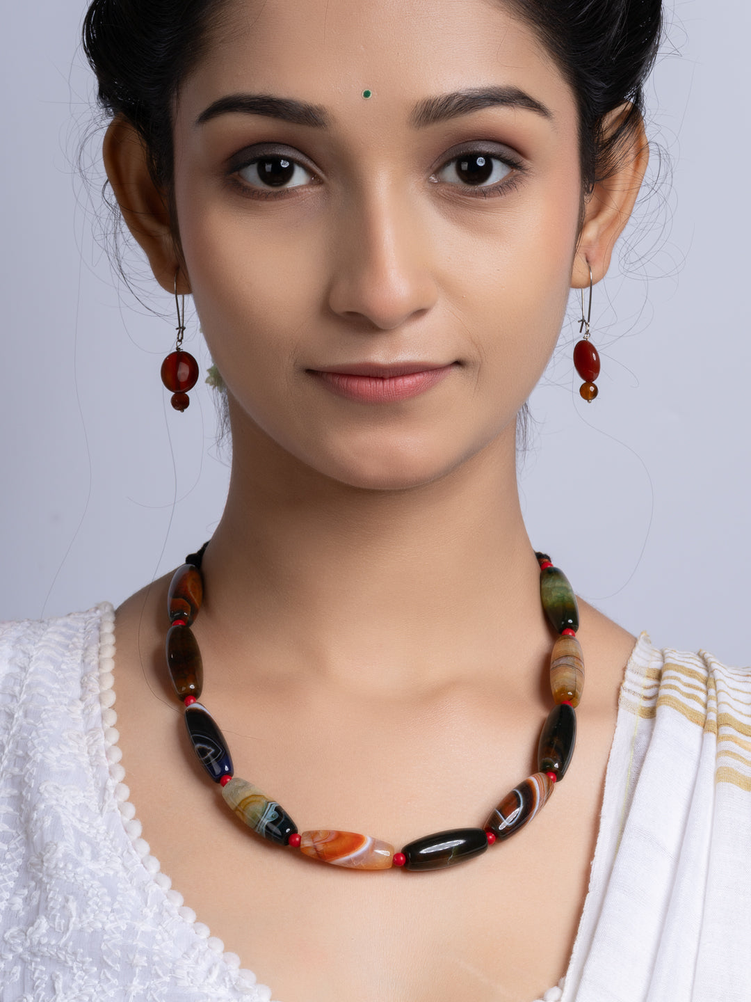 Semi Precious Black Brown Agate coral Necklace Set With Earrings