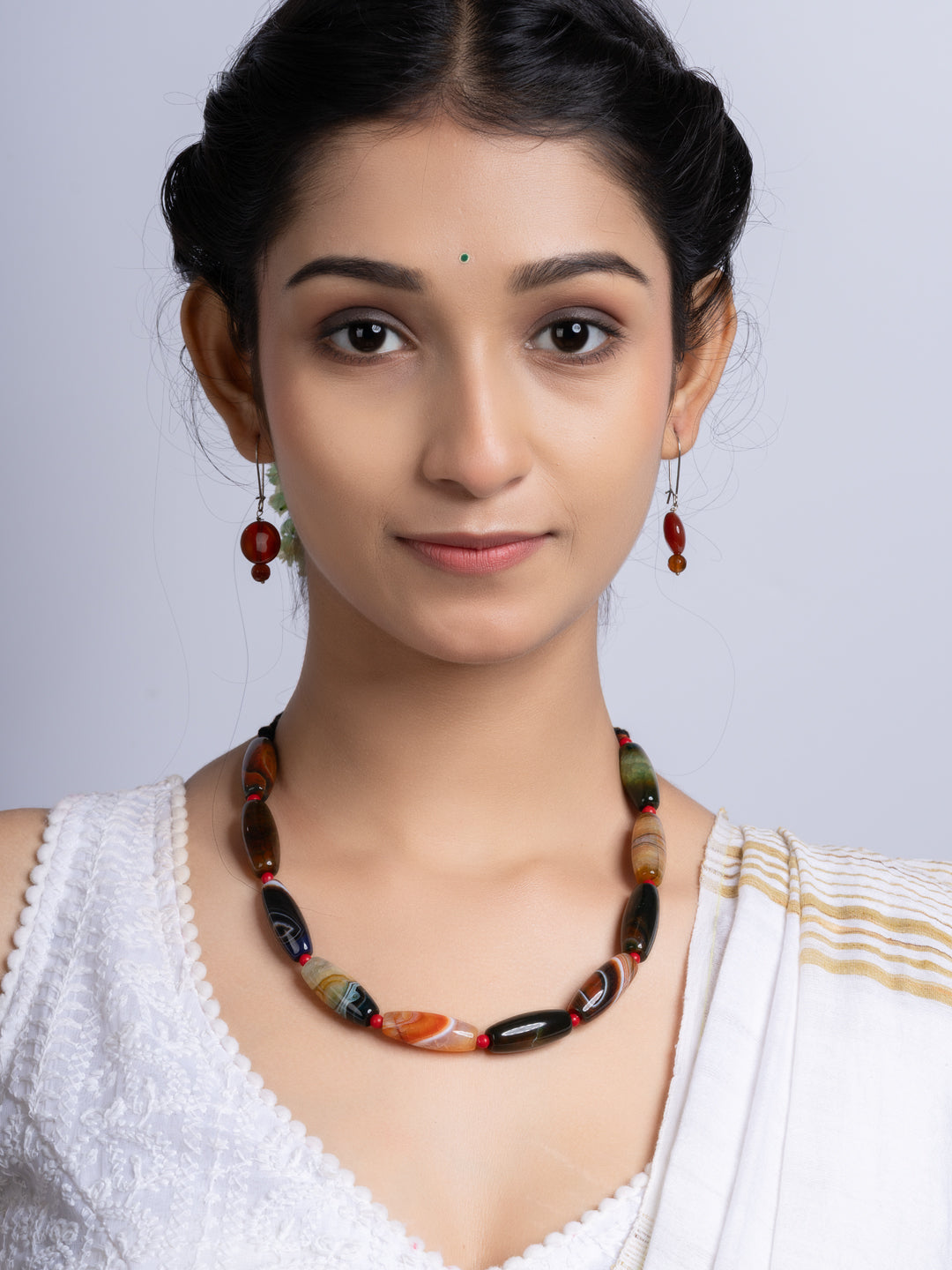 Semi Precious Black Brown Agate coral Necklace Set With Earrings