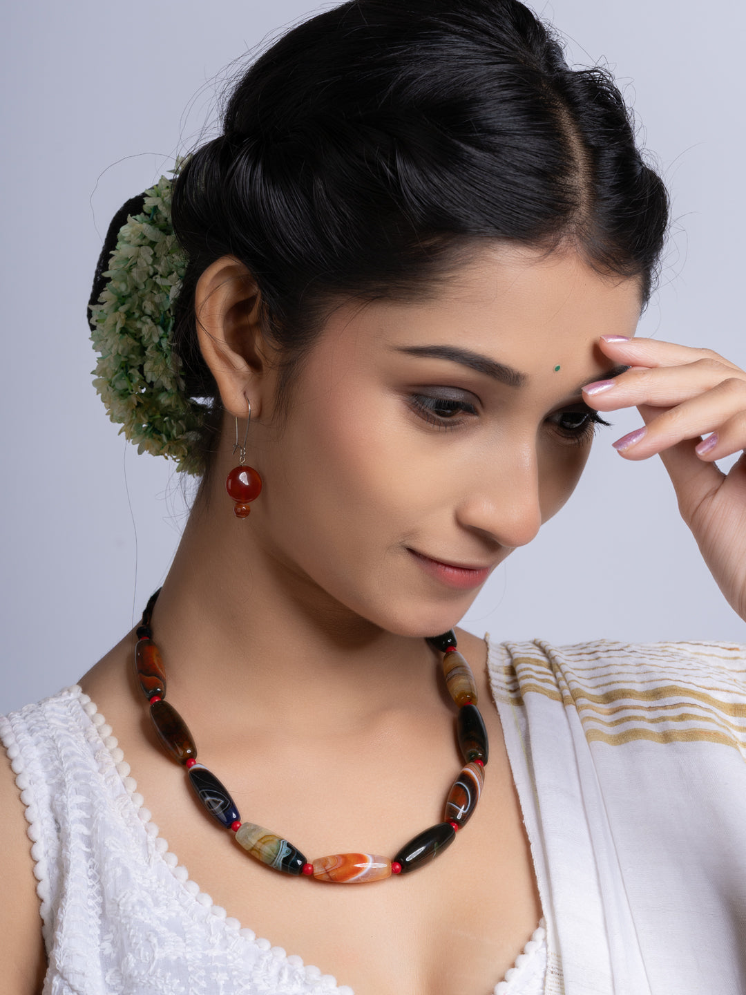 Semi Precious Black Brown Agate coral Necklace Set With Earrings