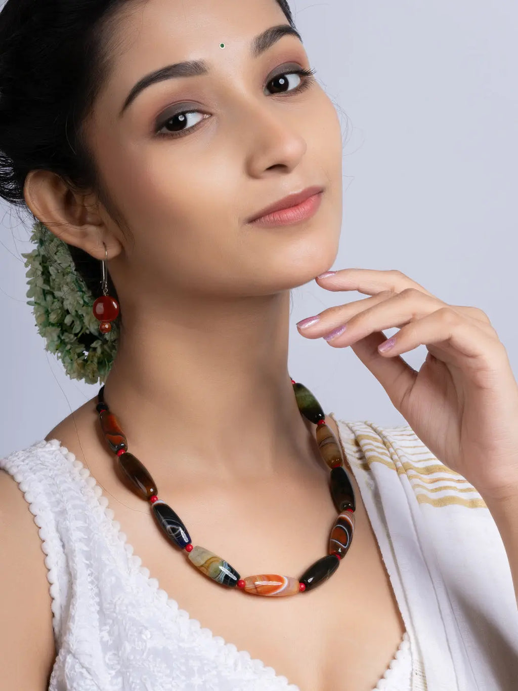 Semi Precious Black Brown Agate coral Necklace Set With Earrings LOOK AND ADORN - designed for you