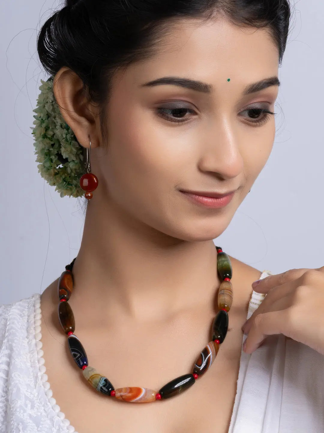 Semi Precious Black Brown Agate coral Necklace Set With Earrings LOOK AND ADORN - designed for you