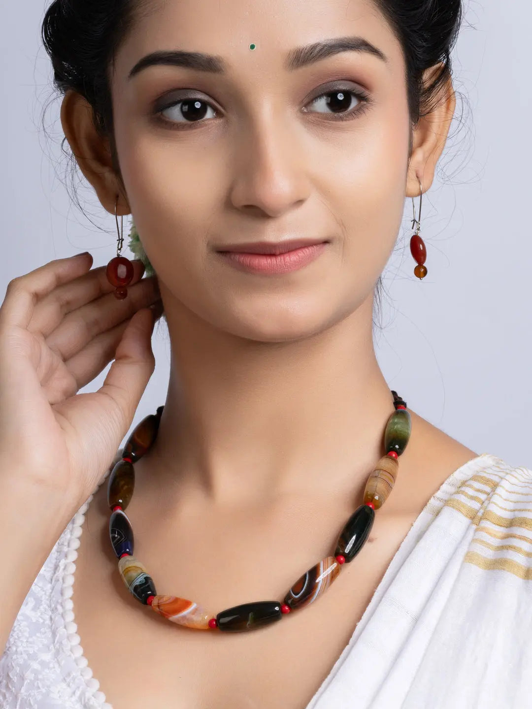 Semi Precious Black Brown Agate coral Necklace Set With Earrings LOOK AND ADORN - designed for you