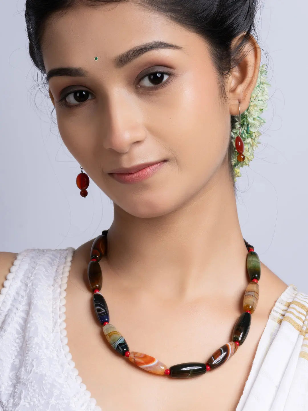 Semi Precious Black Brown Agate coral Necklace Set With Earrings LOOK AND ADORN - designed for you