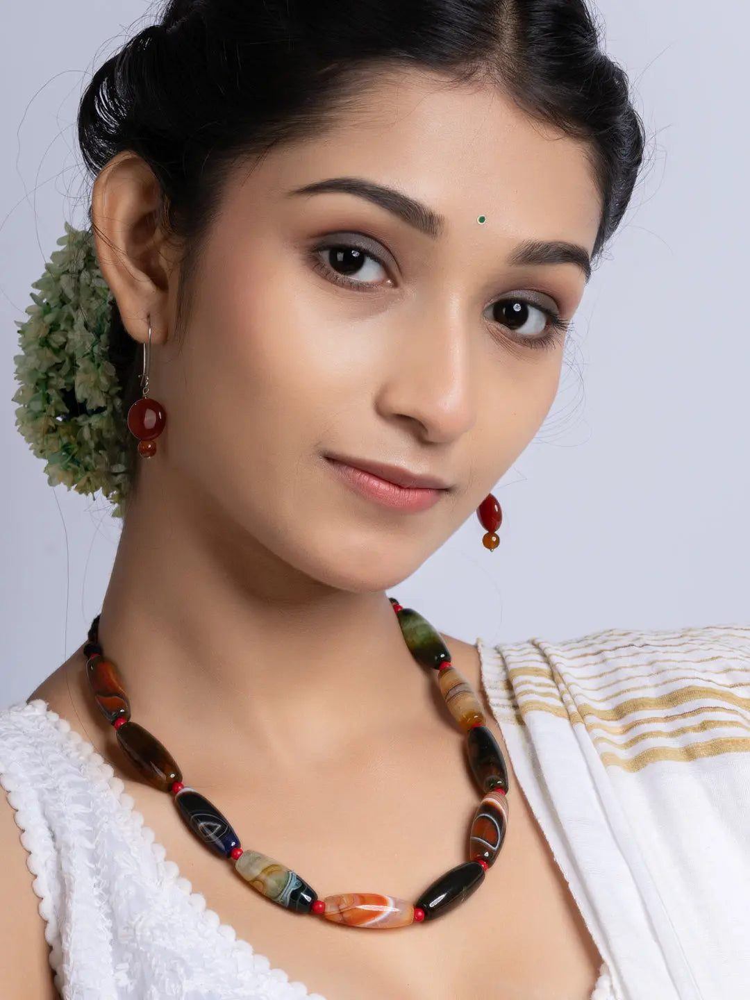 Semi Precious Black Brown Agate coral Necklace Set With Earrings LOOK AND ADORN - designed for you