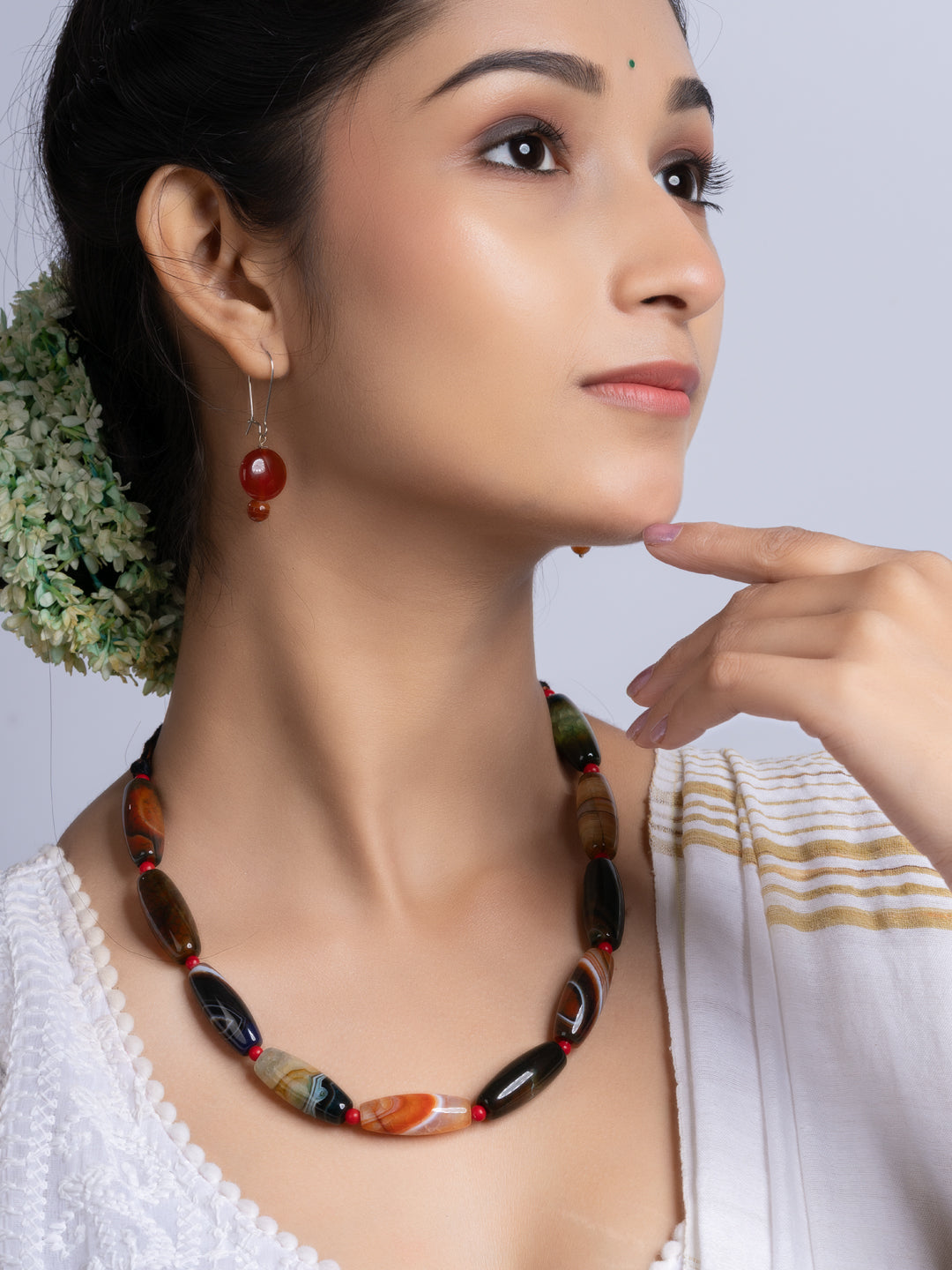 Semi Precious Black Brown Agate coral Necklace Set With Earrings