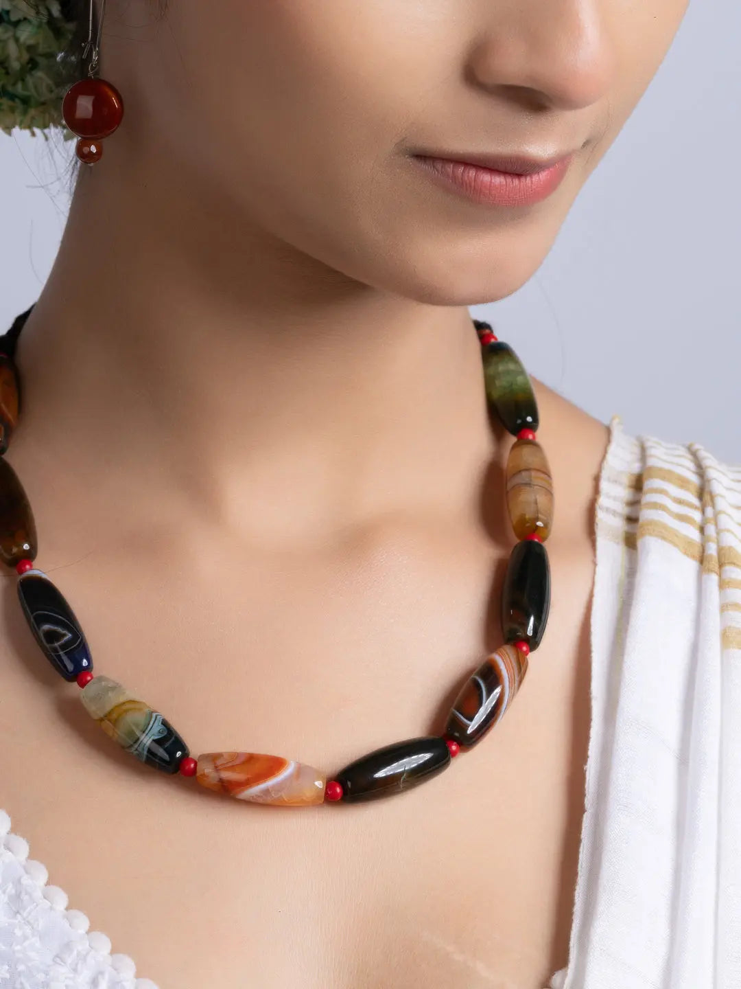 Semi Precious Black Brown Agate coral Necklace Set With Earrings LOOK AND ADORN - designed for you