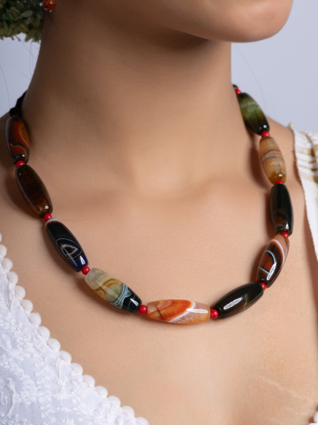 Semi Precious Black Brown Agate coral Necklace Set With Earrings