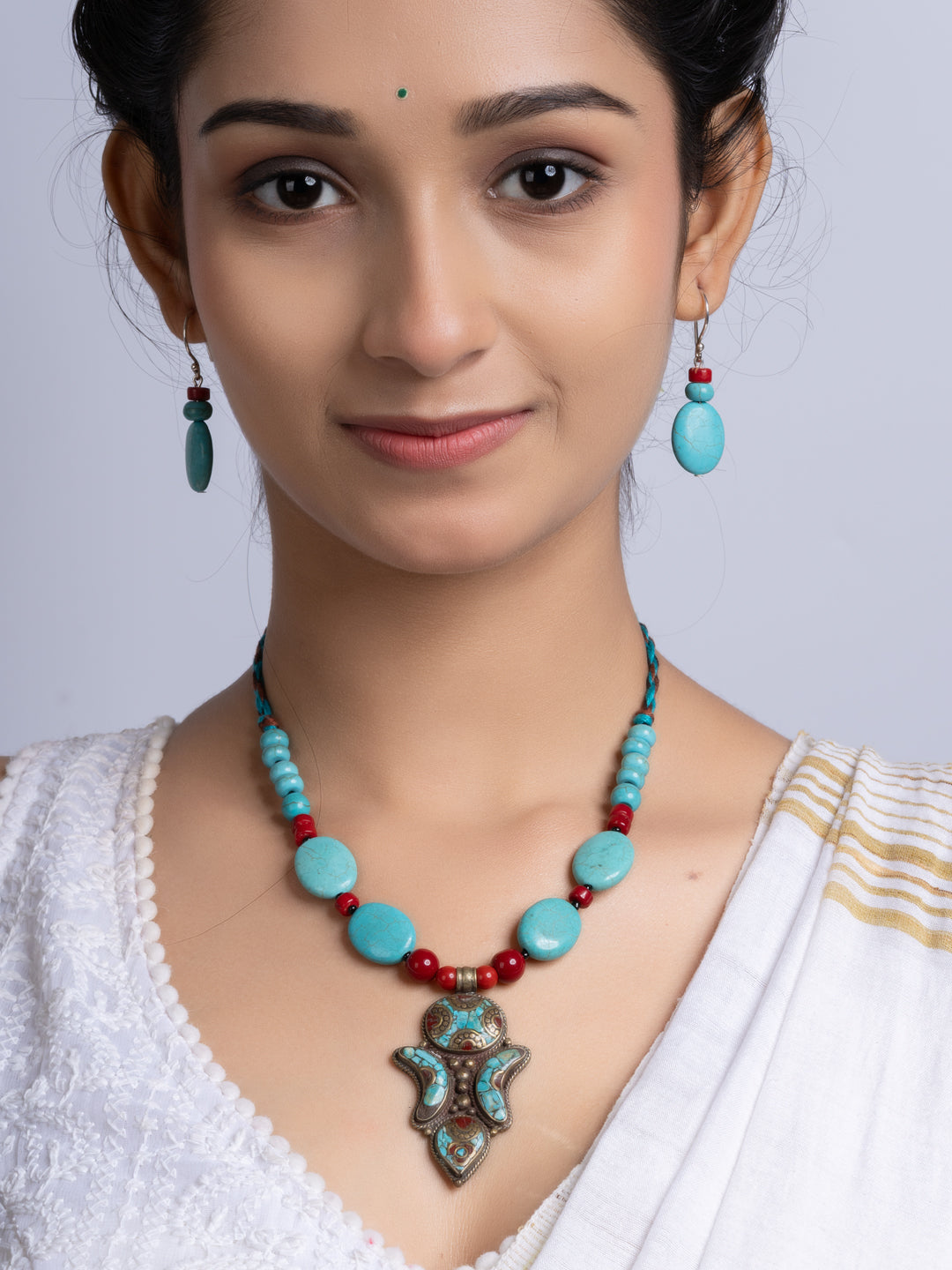 Turquoise Coral Tibetan Necklace Set With Earrings
