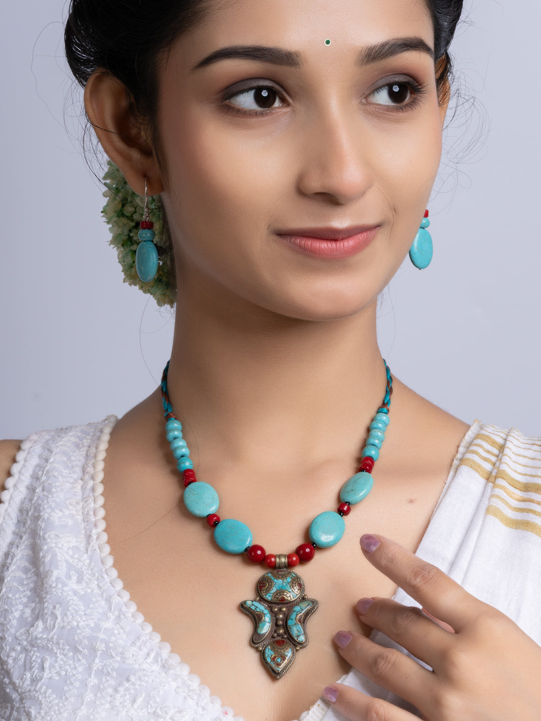 Turquoise Coral Tibetan Necklace Set With Earrings