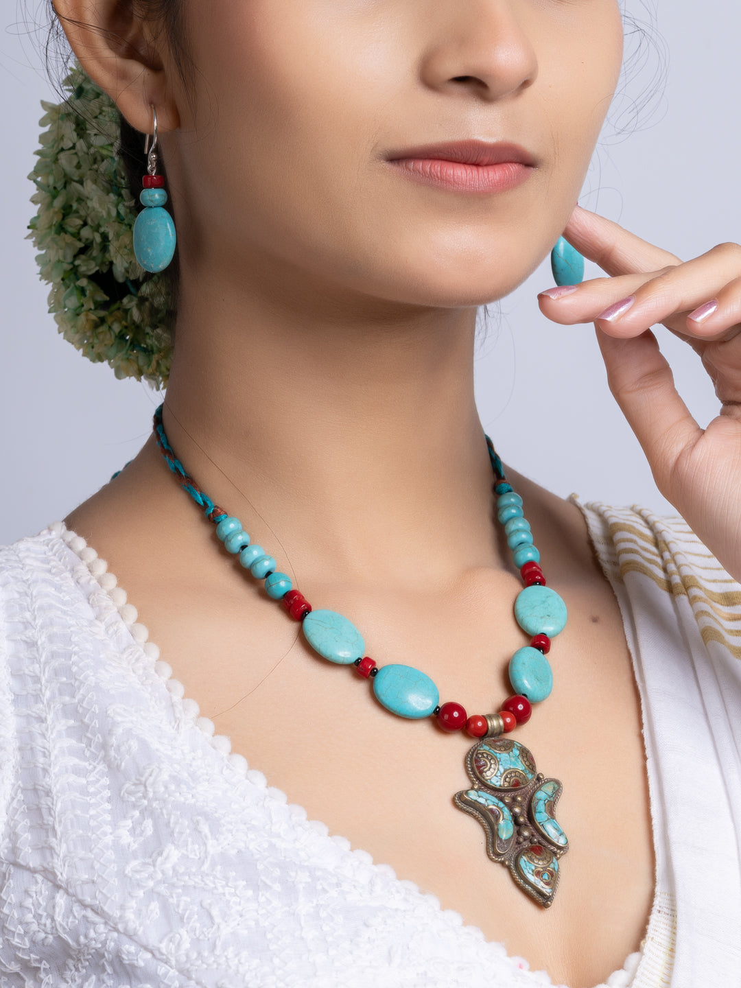 Turquoise Coral Tibetan Necklace Set With Earrings