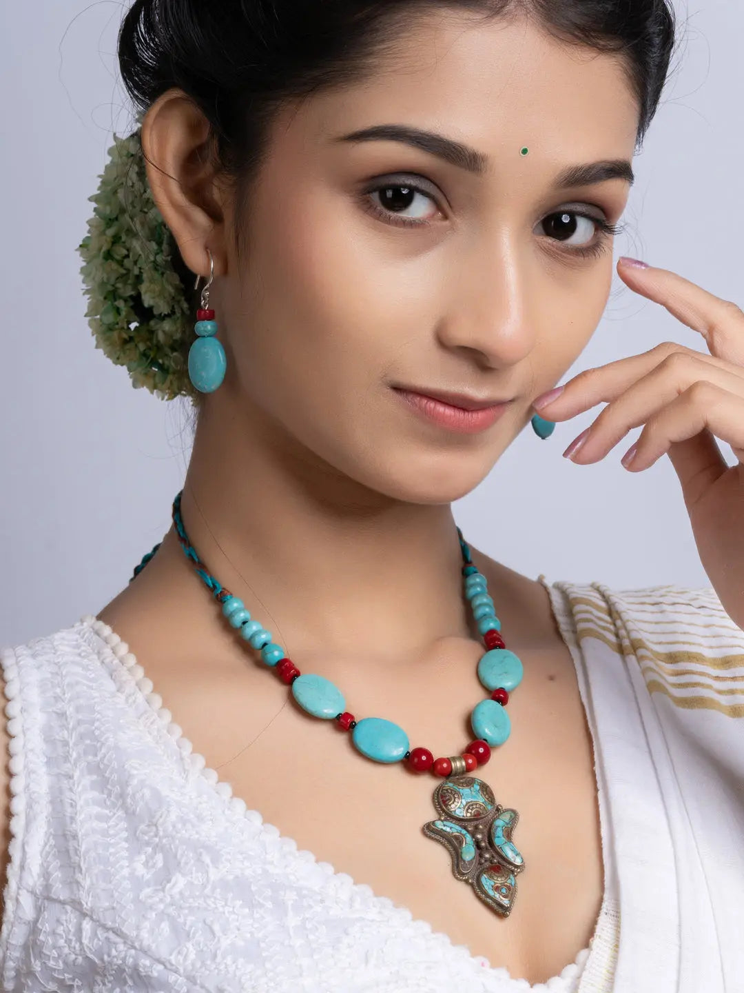 Turquoise Coral Tibetan Necklace Set With Earrings LOOK AND ADORN - designed for you