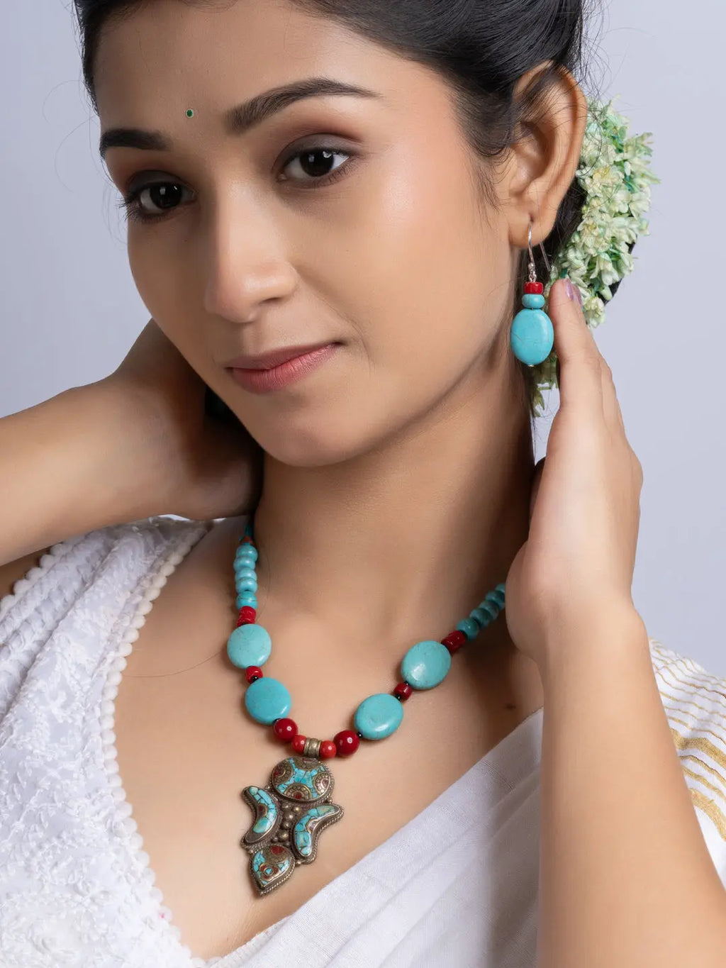 Turquoise Coral Tibetan Necklace Set With Earrings LOOK AND ADORN - designed for you