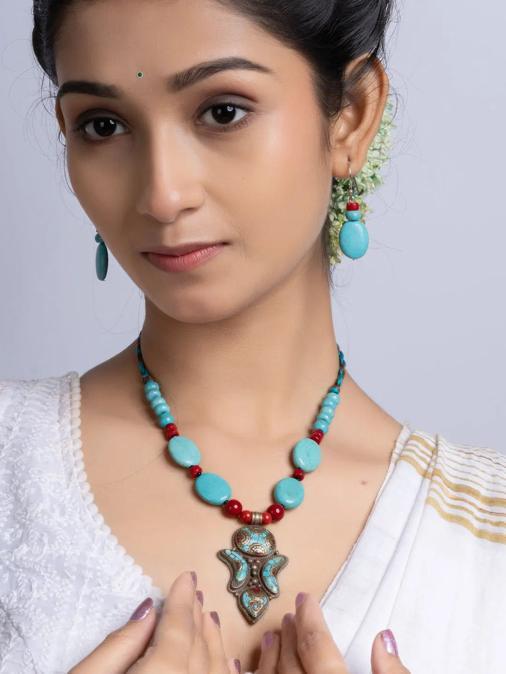 Turquoise Coral Tibetan Necklace Set With Earrings LOOK AND ADORN - designed for you
