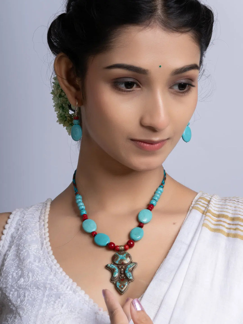 Turquoise Coral Tibetan Necklace Set With Earrings LOOK AND ADORN - designed for you