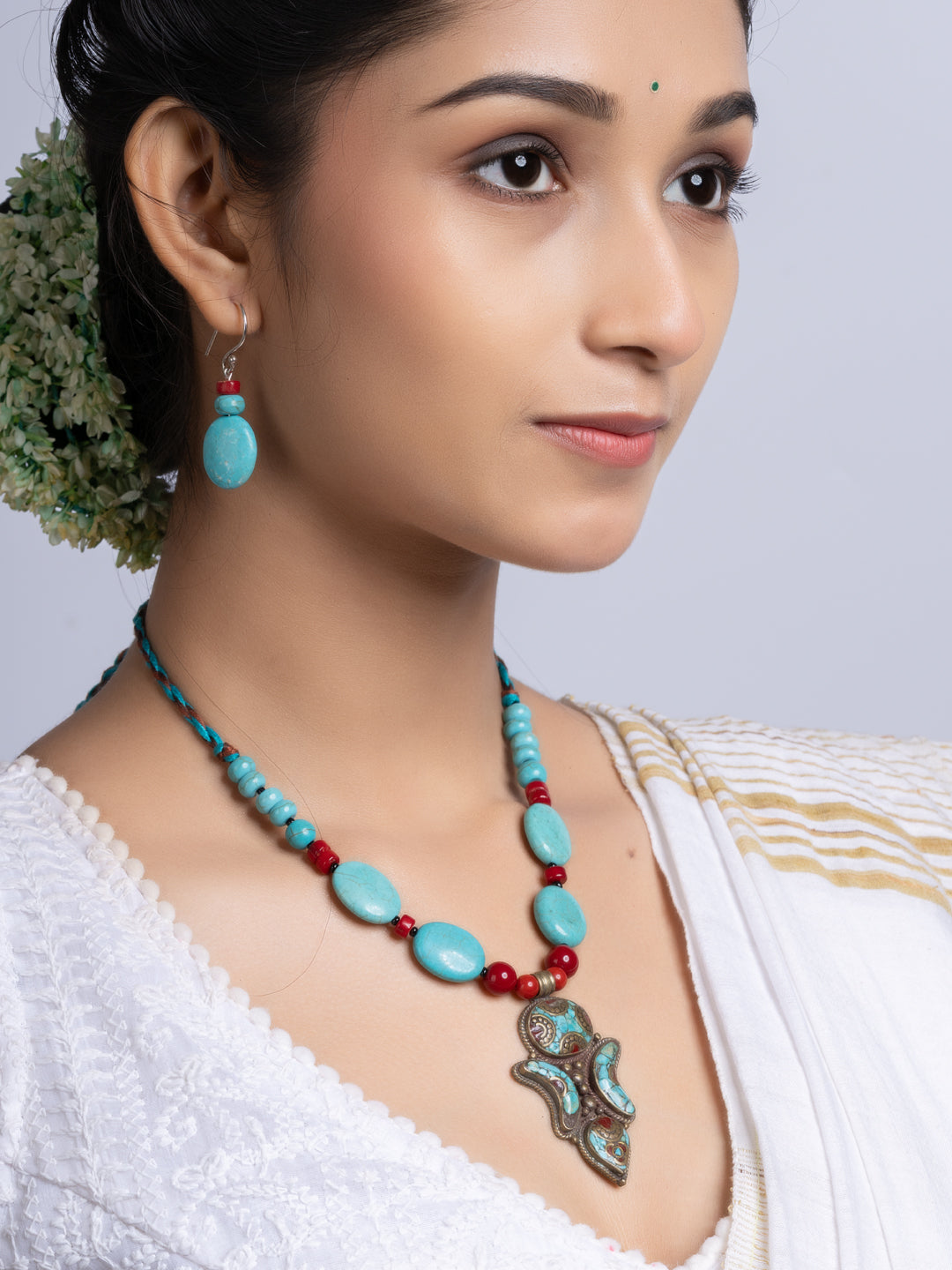 Turquoise Coral Tibetan Necklace Set With Earrings