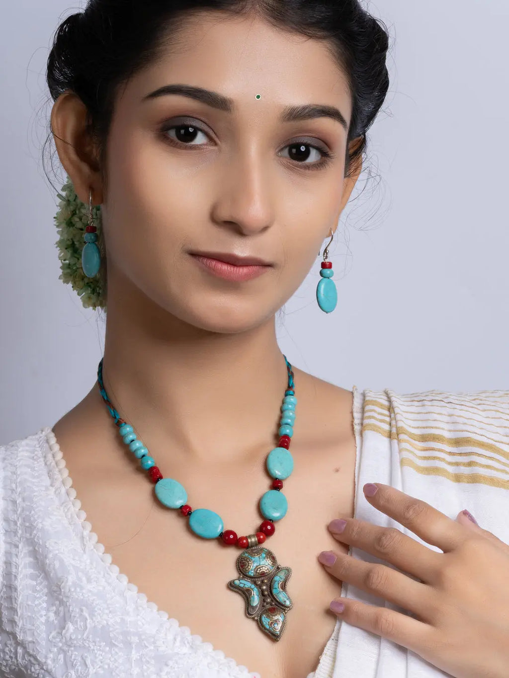 Turquoise Coral Tibetan Necklace Set With Earrings LOOK AND ADORN - designed for you