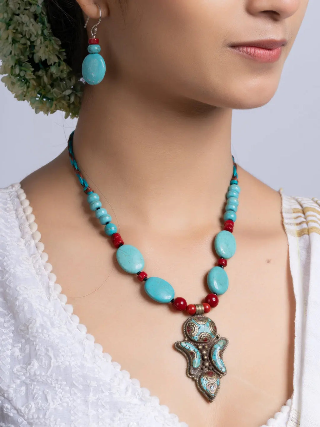 Turquoise Coral Tibetan Necklace Set With Earrings LOOK AND ADORN - designed for you