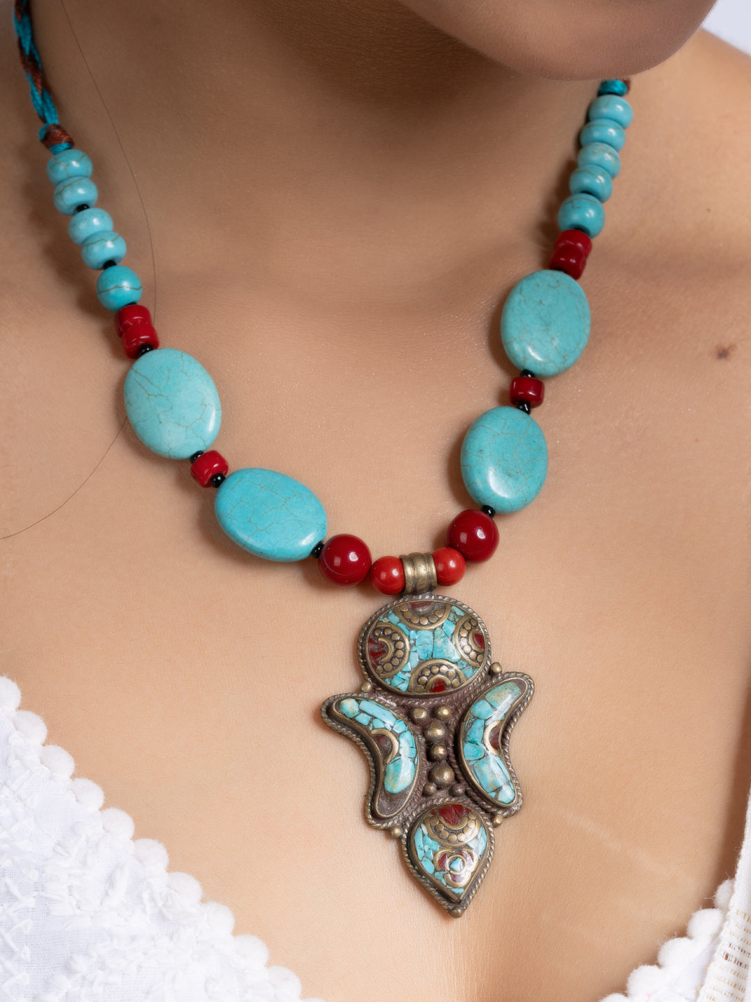 Turquoise Coral Tibetan Necklace Set With Earrings