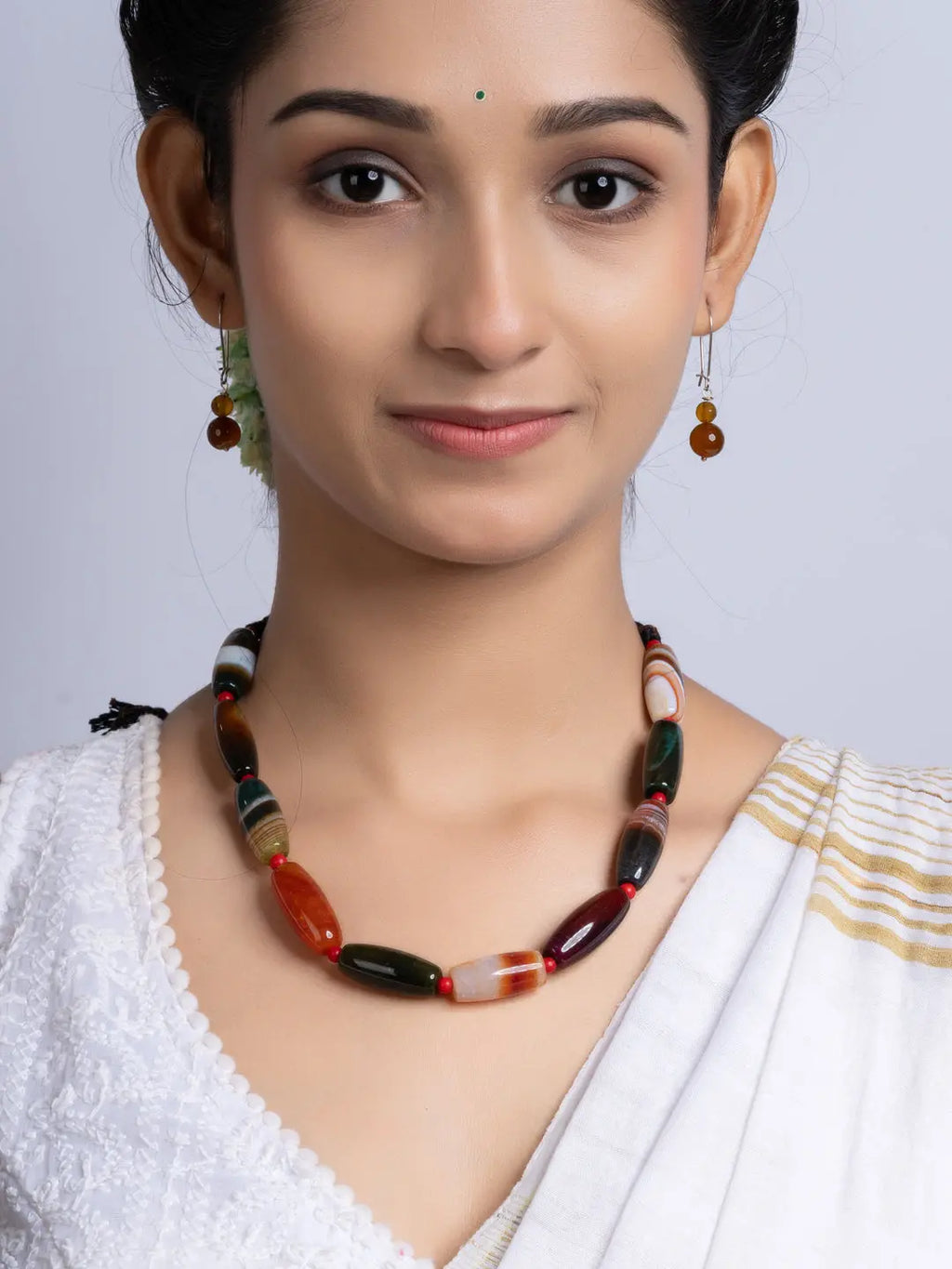 Semi Precious Black Brown Agate coral Necklace Set With Earrings LOOK AND ADORN - designed for you