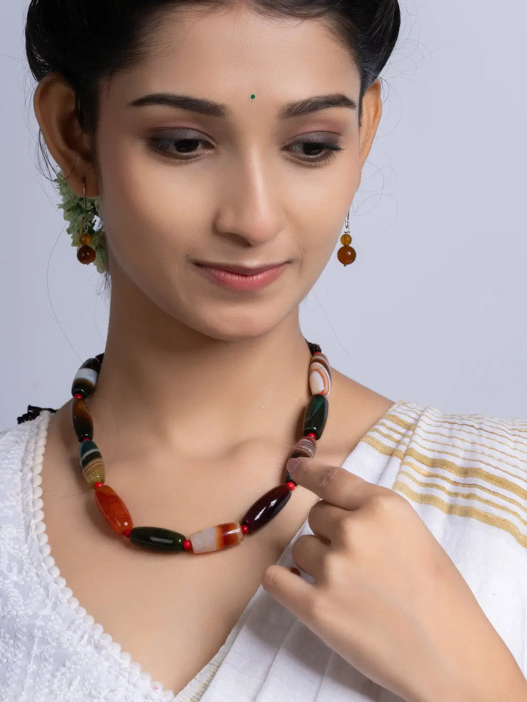 Semi Precious Black Brown Agate coral Necklace Set With Earrings LOOK AND ADORN - designed for you