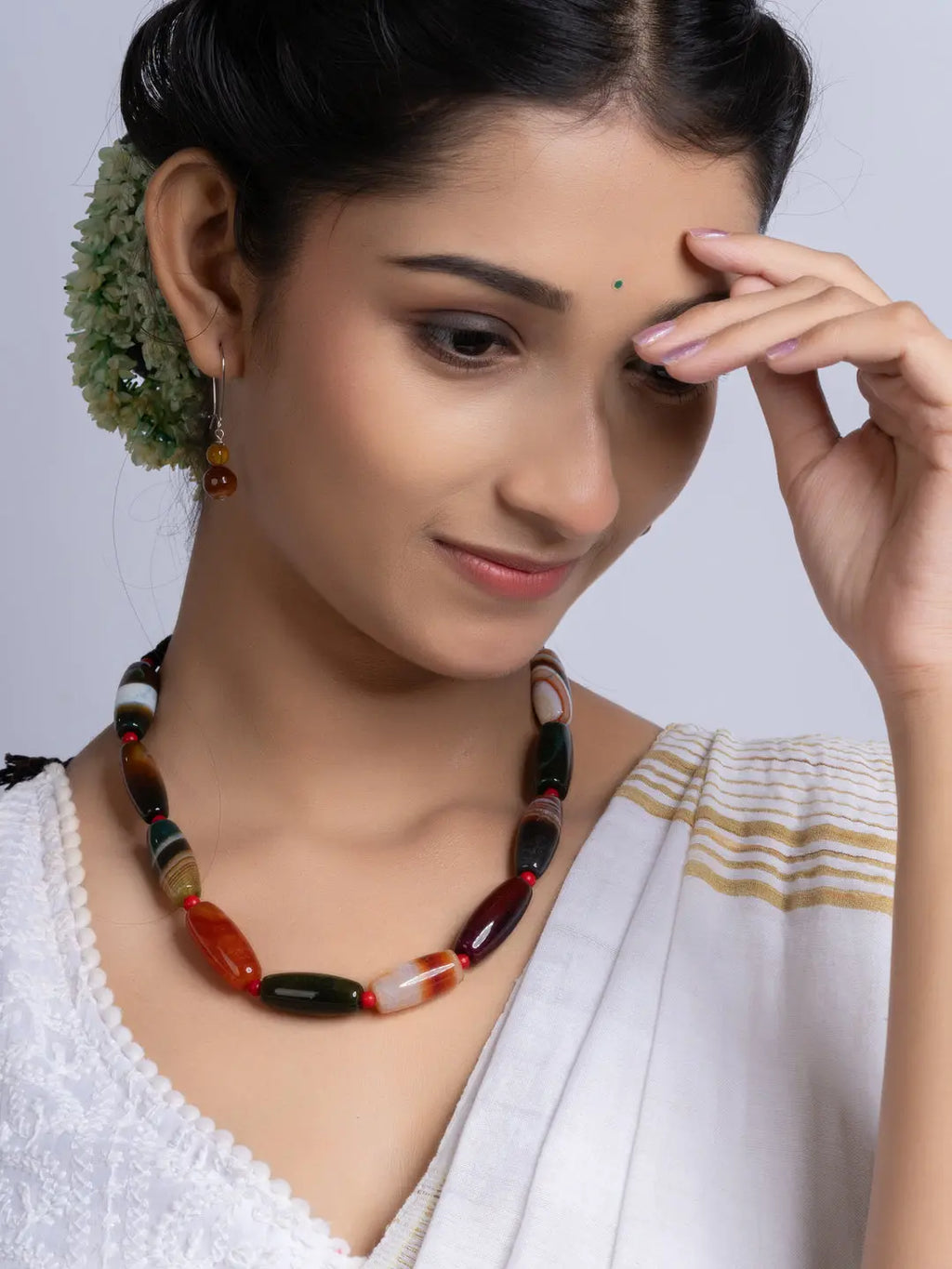 Semi Precious Black Brown Agate coral Necklace Set With Earrings LOOK AND ADORN - designed for you