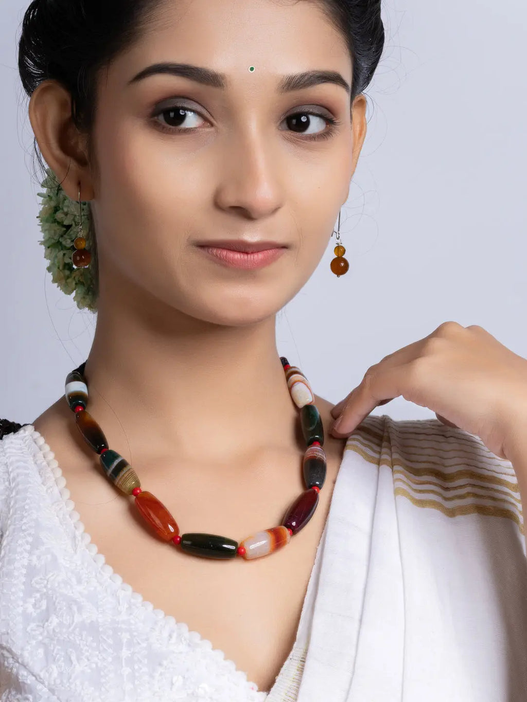 Semi Precious Black Brown Agate coral Necklace Set With Earrings LOOK AND ADORN - designed for you