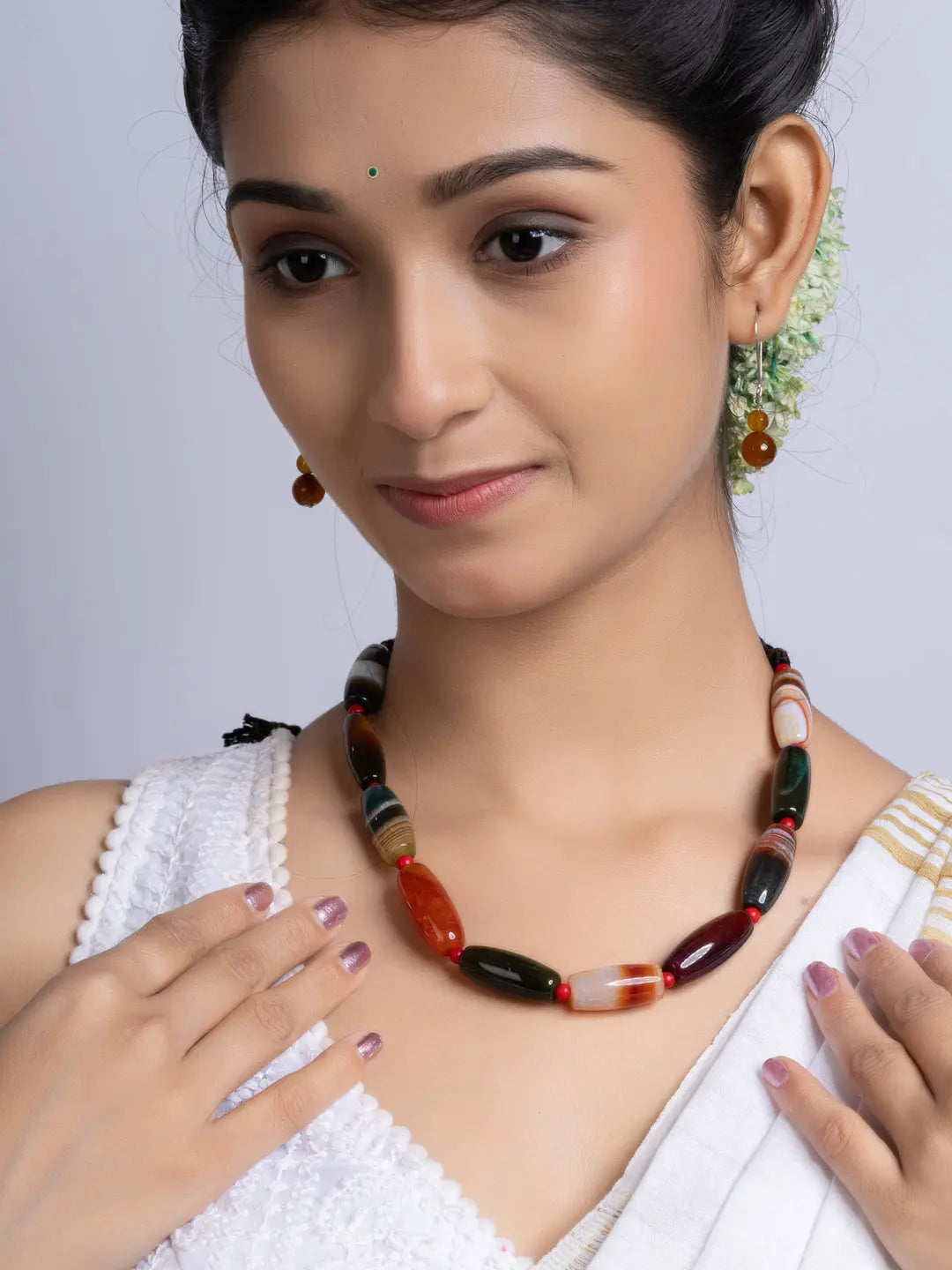 Semi Precious Black Brown Agate coral Necklace Set With Earrings LOOK AND ADORN - designed for you