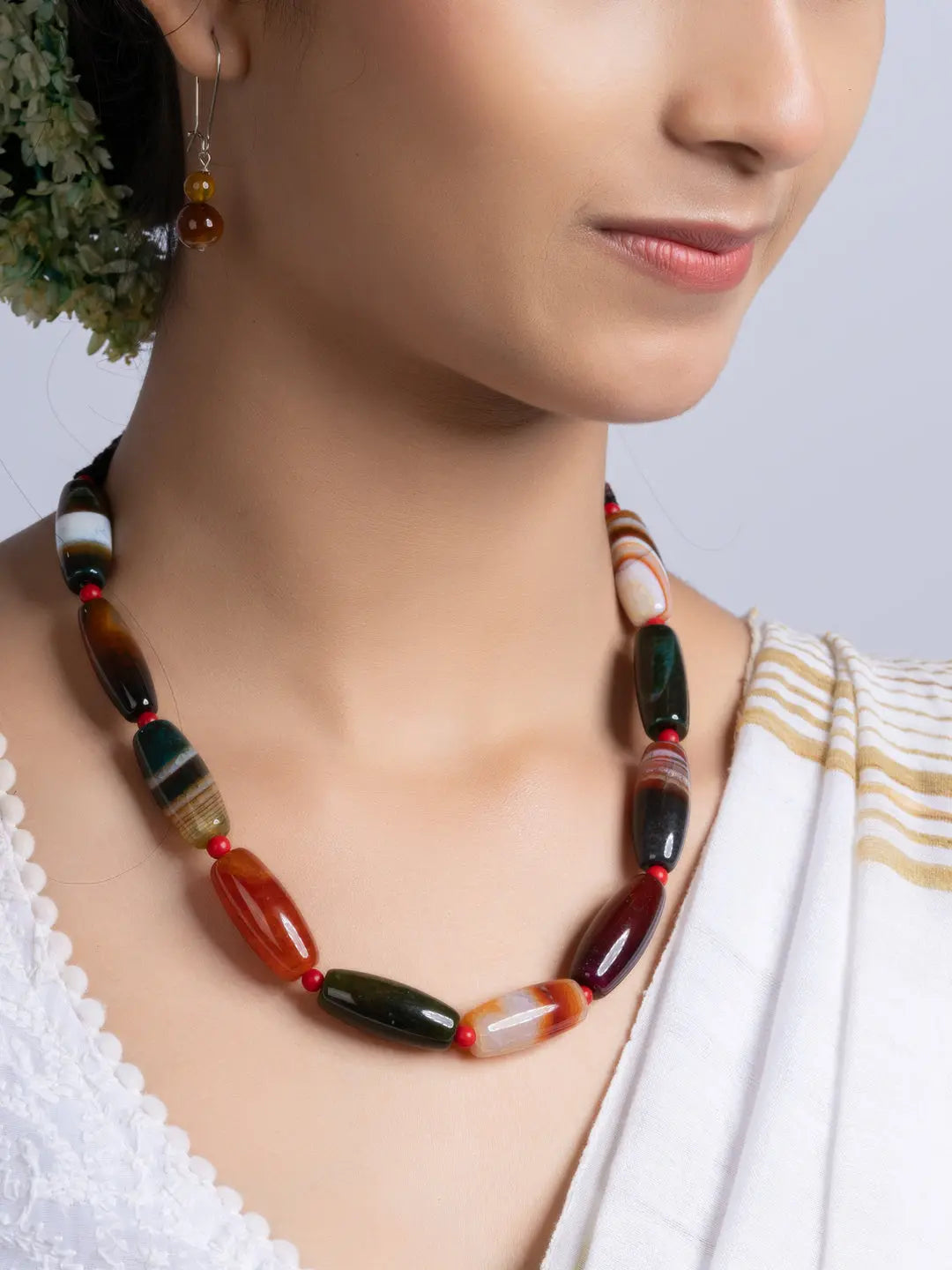 Semi Precious Black Brown Agate coral Necklace Set With Earrings LOOK AND ADORN - designed for you