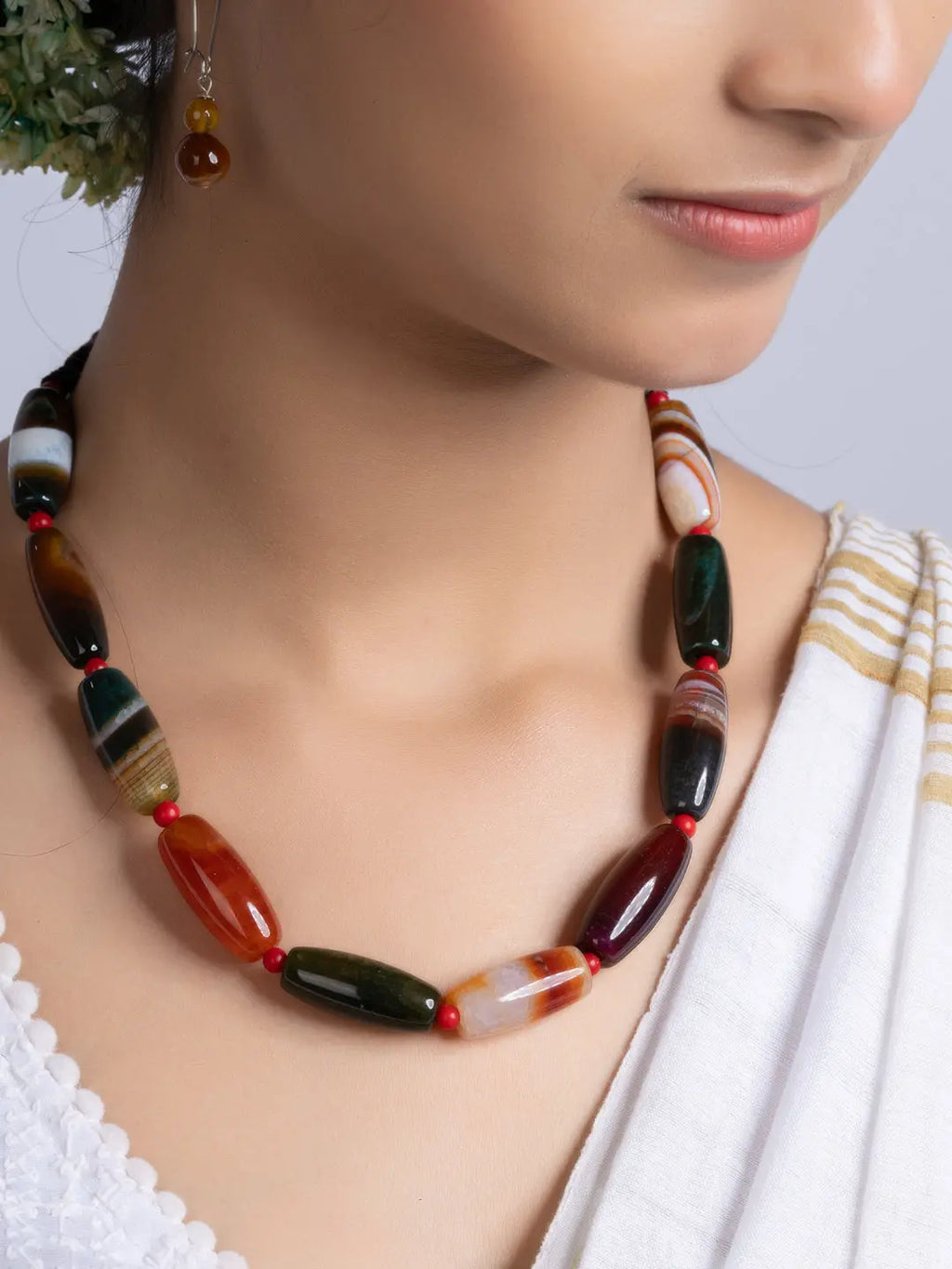 Semi Precious Black Brown Agate coral Necklace Set With Earrings LOOK AND ADORN - designed for you