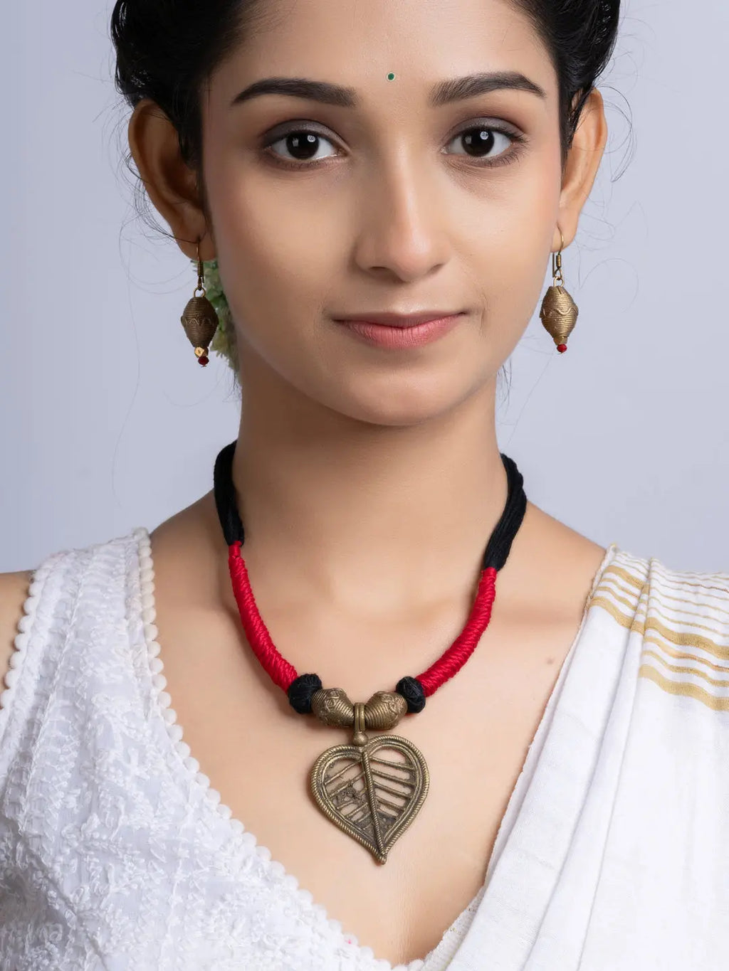 Golden Red Black Leaf Dokra Brass necklace set with earring LOOK AND ADORN - designed for you
