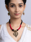 Golden Red Black Leaf Dokra Brass necklace set with earring LOOK AND ADORN - designed for you