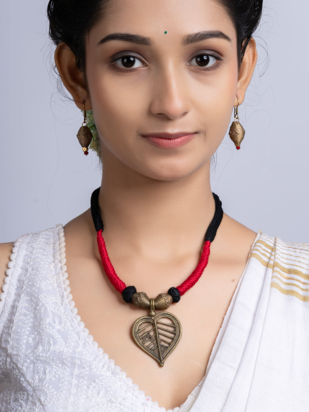 Golden Red Black Leaf Dokra Brass necklace set with earring