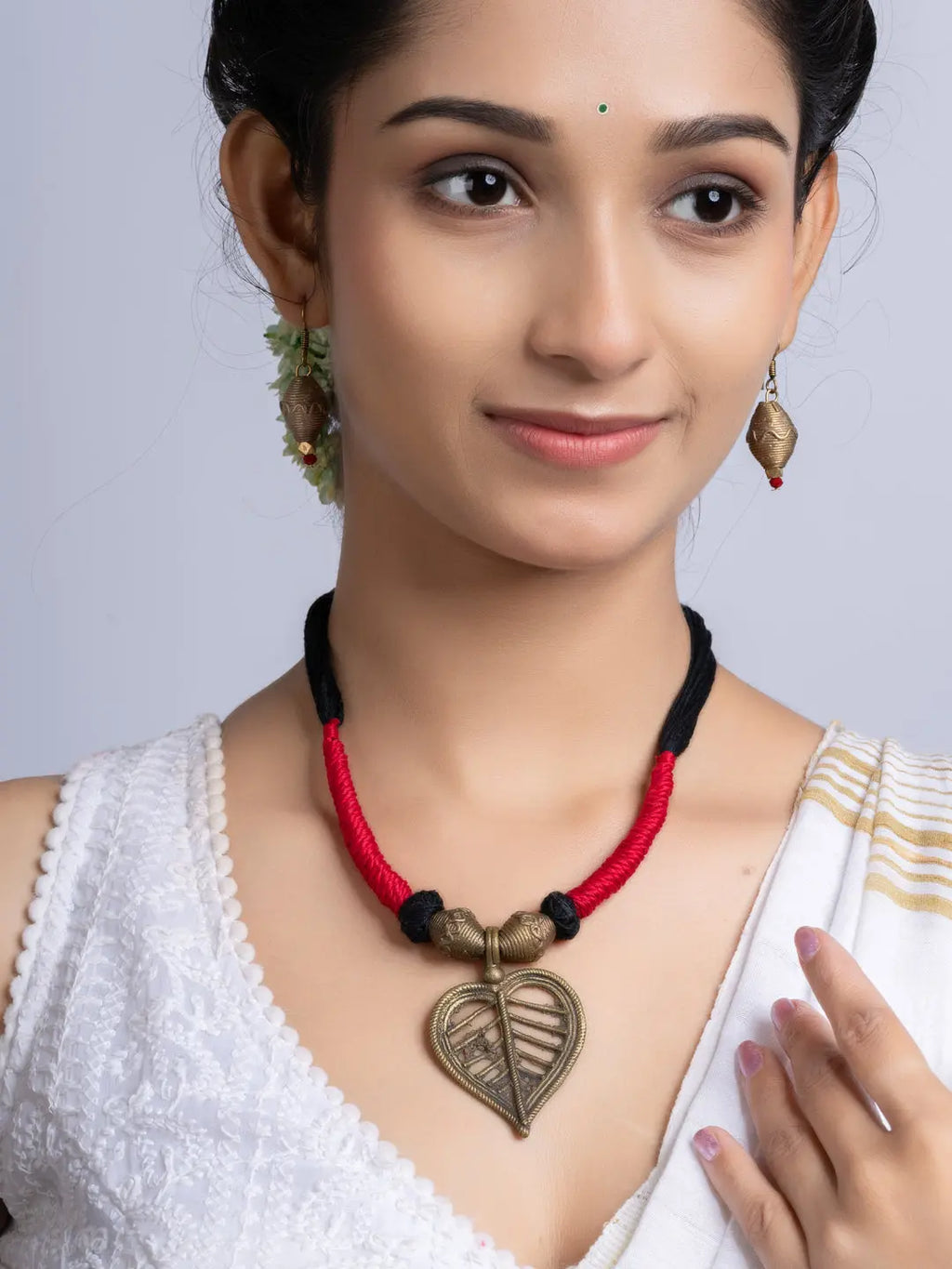 Golden Red Black Leaf Dokra Brass necklace set with earring LOOK AND ADORN - designed for you