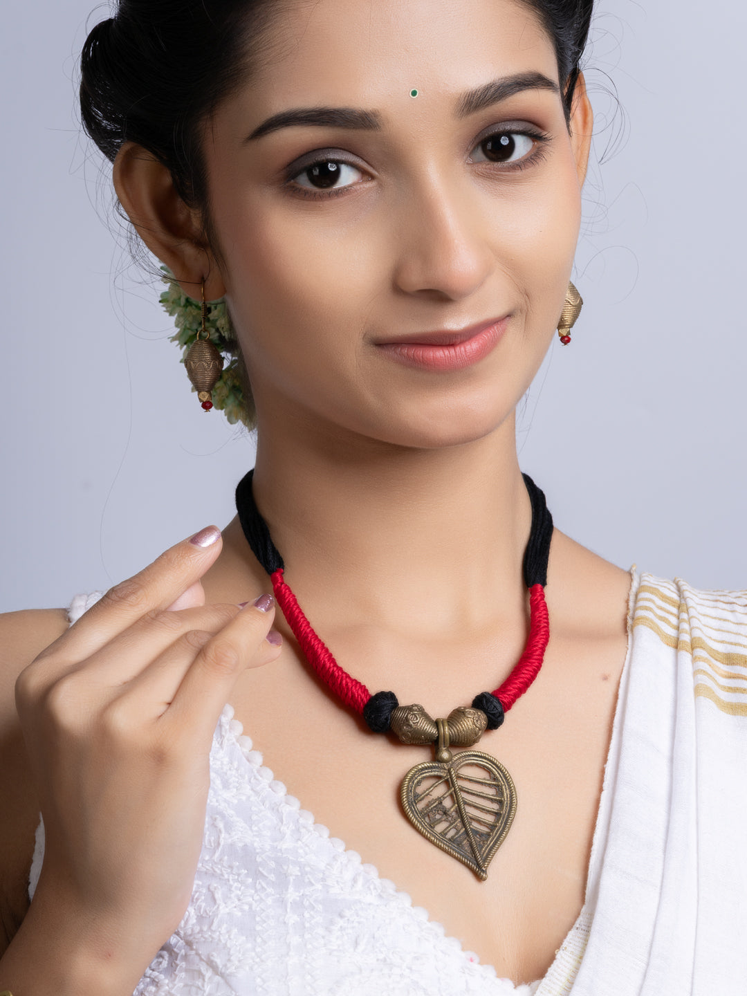 Golden Red Black Leaf Dokra Brass necklace set with earring