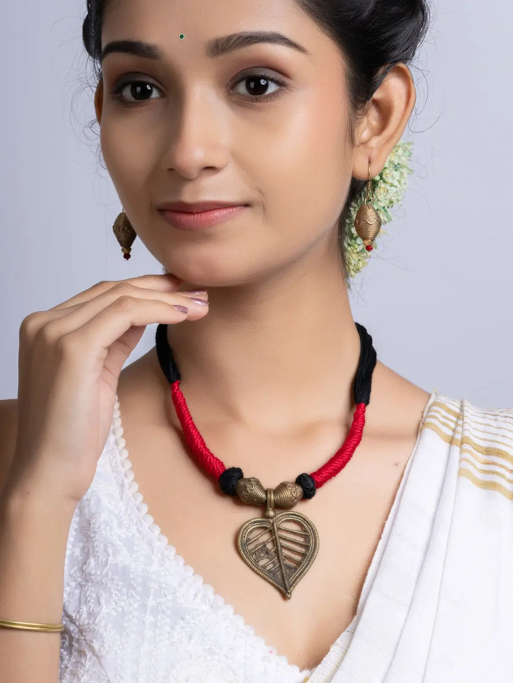 Golden Red Black Leaf Dokra Brass necklace set with earring LOOK AND ADORN - designed for you
