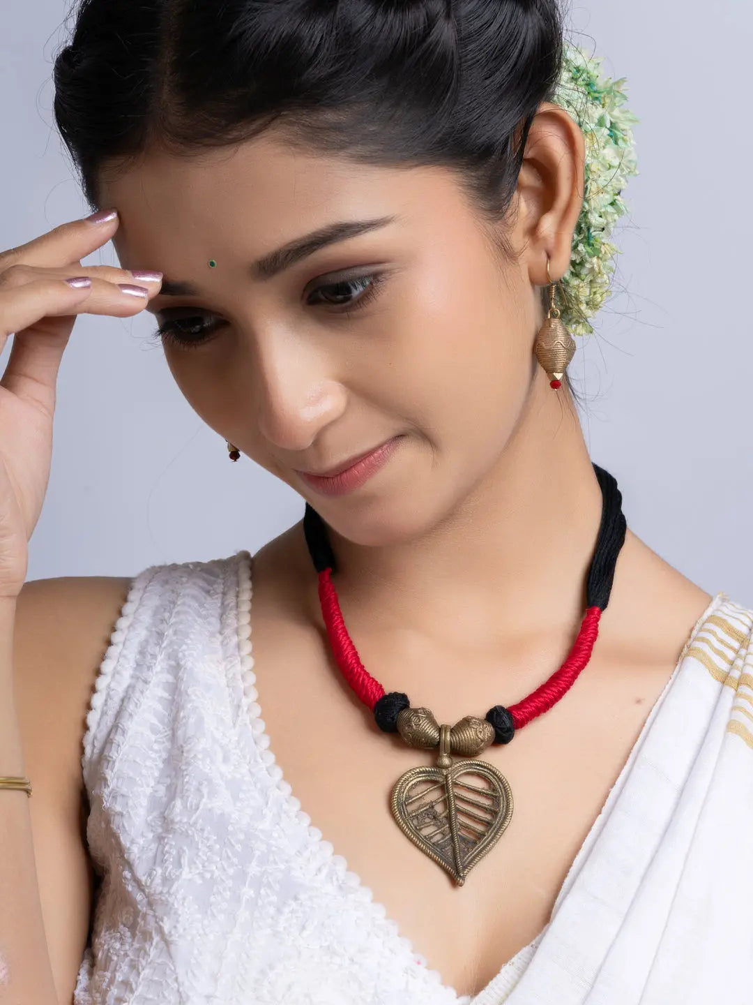 Golden Red Black Leaf Dokra Brass necklace set with earring LOOK AND ADORN - designed for you