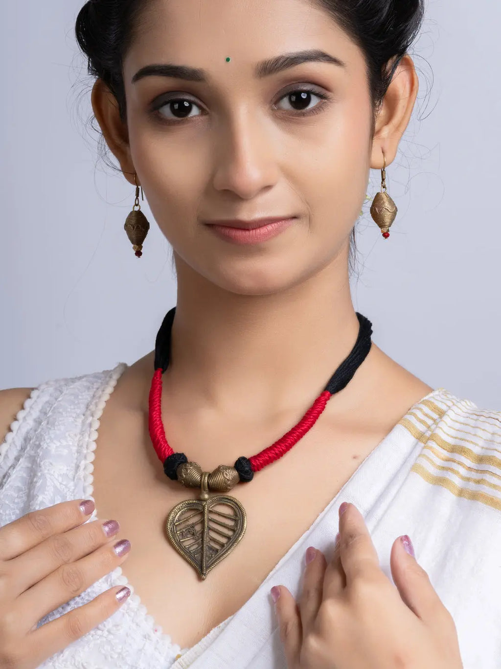 Golden Red Black Leaf Dokra Brass necklace set with earring LOOK AND ADORN - designed for you