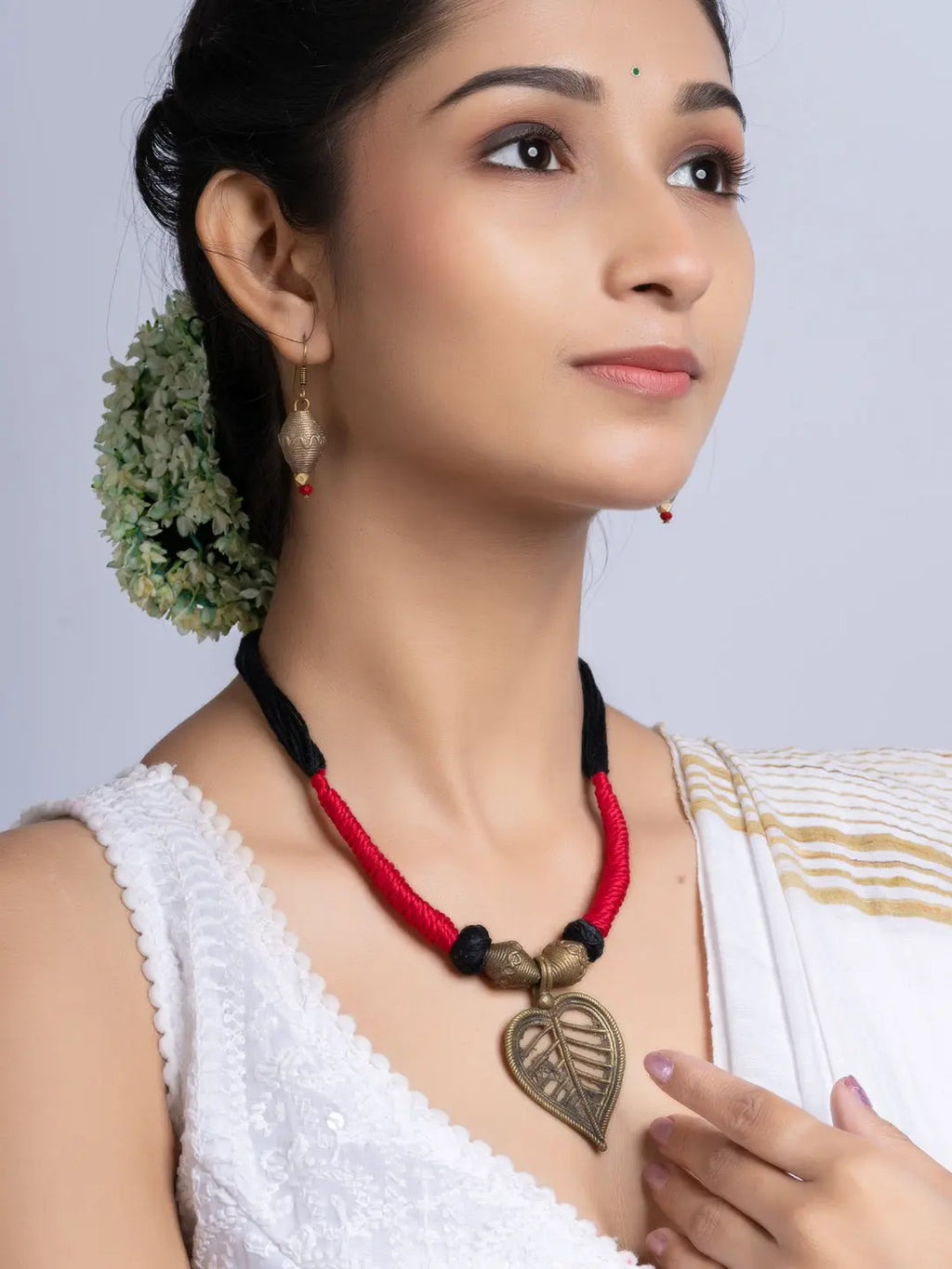 Golden Red Black Leaf Dokra Brass necklace set with earring LOOK AND ADORN - designed for you