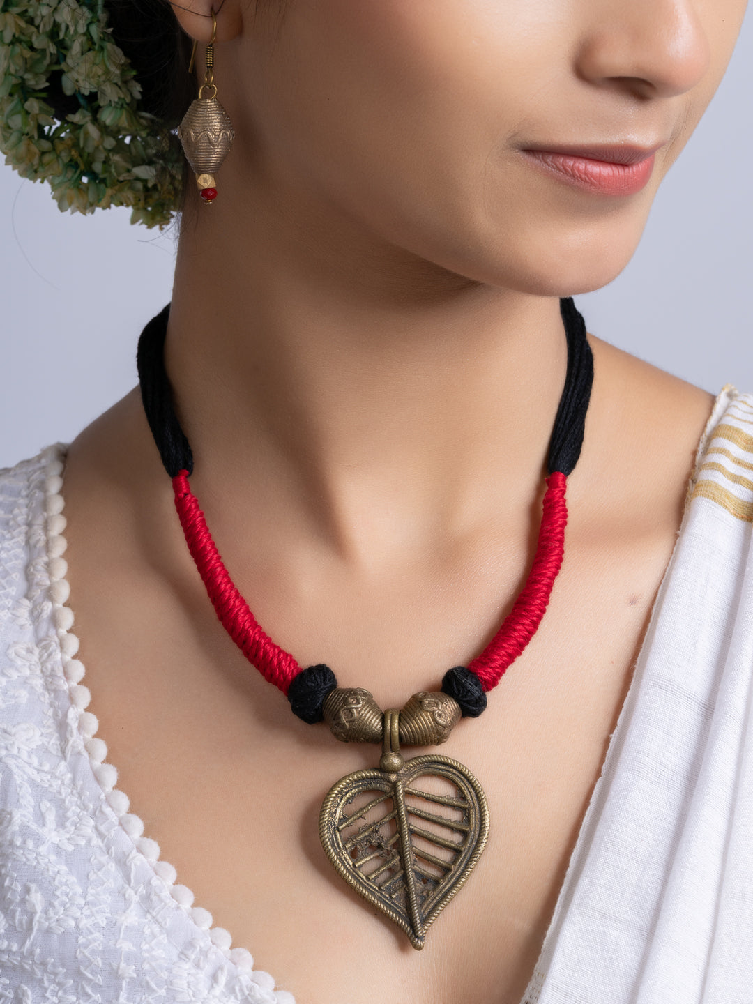 Golden Red Black Leaf Dokra Brass necklace set with earring