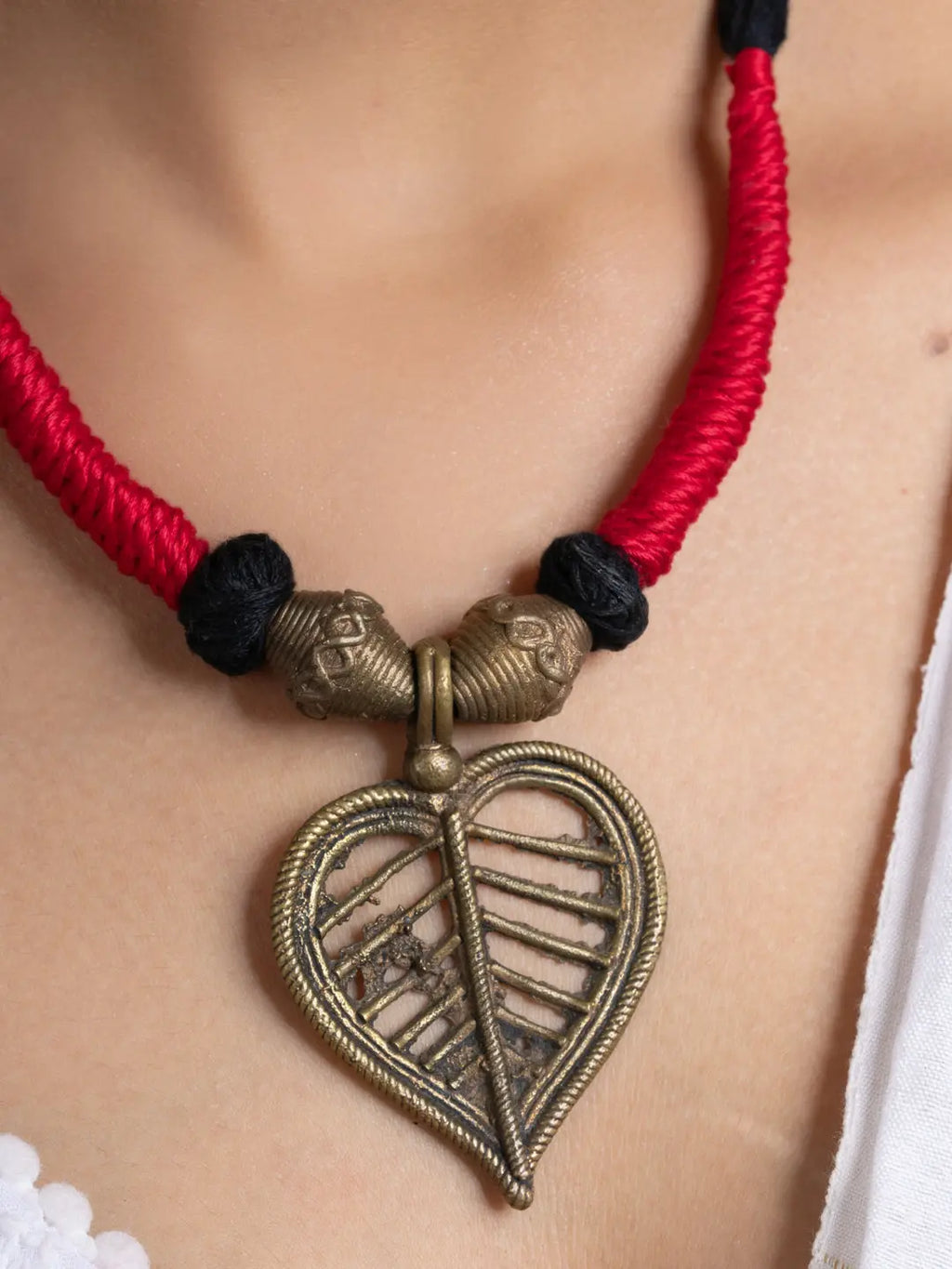 Golden Red Black Leaf Dokra Brass necklace set with earring LOOK AND ADORN - designed for you