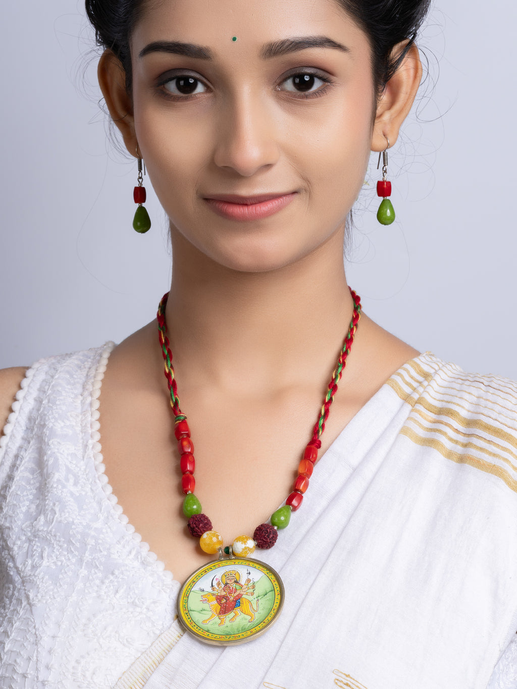Miniature Durga Devi Red Green Coral Jade Adjustable Necklace Set With Earrings