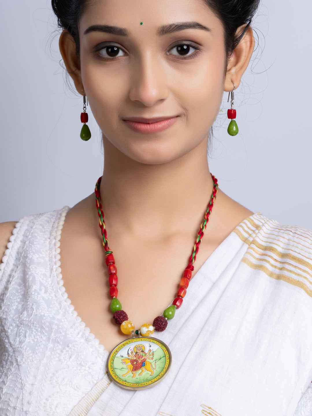 Miniature Durga Devi Red Green Coral Jade Adjustable Necklace Set With Earrings