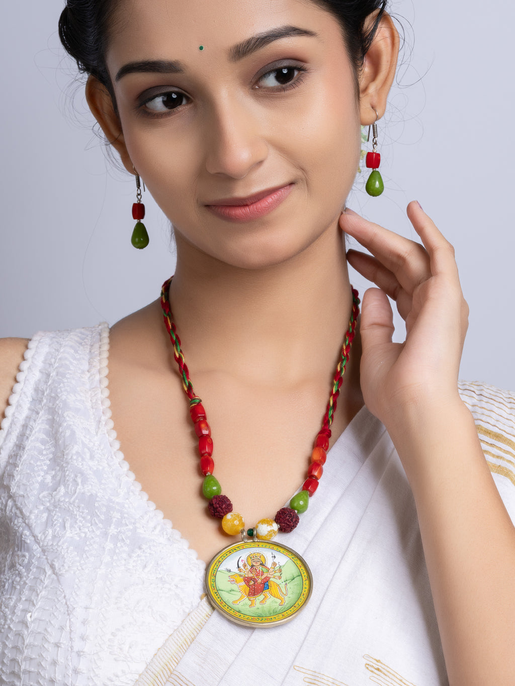 Miniature Durga Devi Red Green Coral Jade Adjustable Necklace Set With Earrings