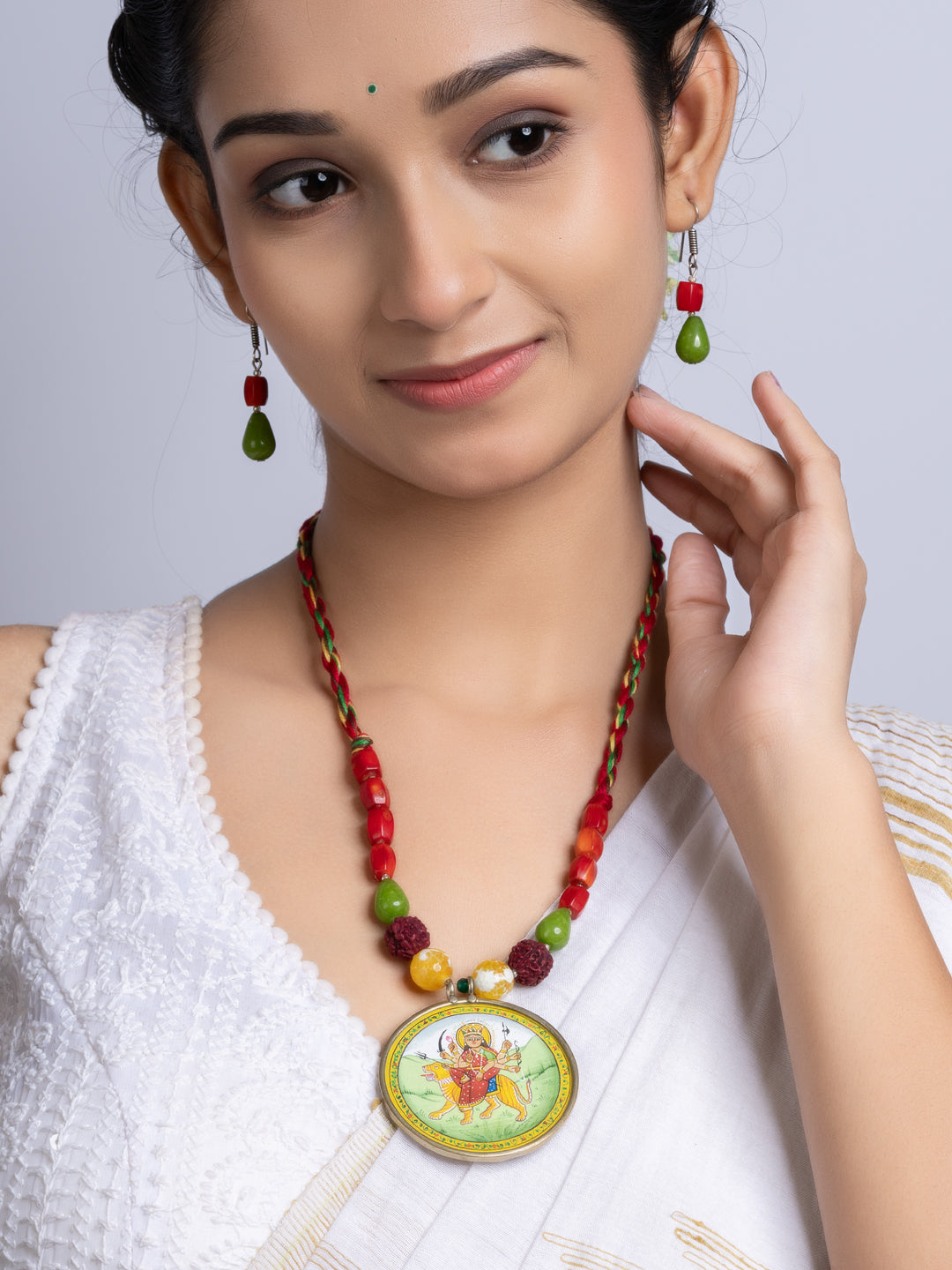 Miniature Durga Devi Red Green Coral Jade Adjustable Necklace Set With Earrings