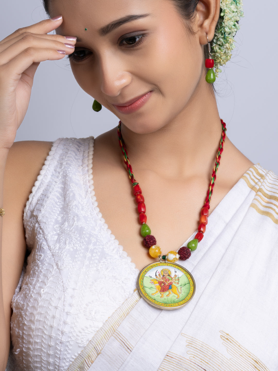 Miniature Durga Devi Red Green Coral Jade Adjustable Necklace Set With Earrings