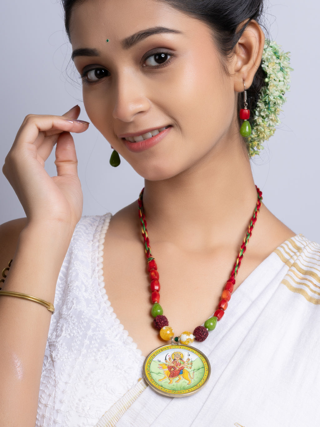 Miniature Durga Devi Red Green Coral Jade Adjustable Necklace Set With Earrings