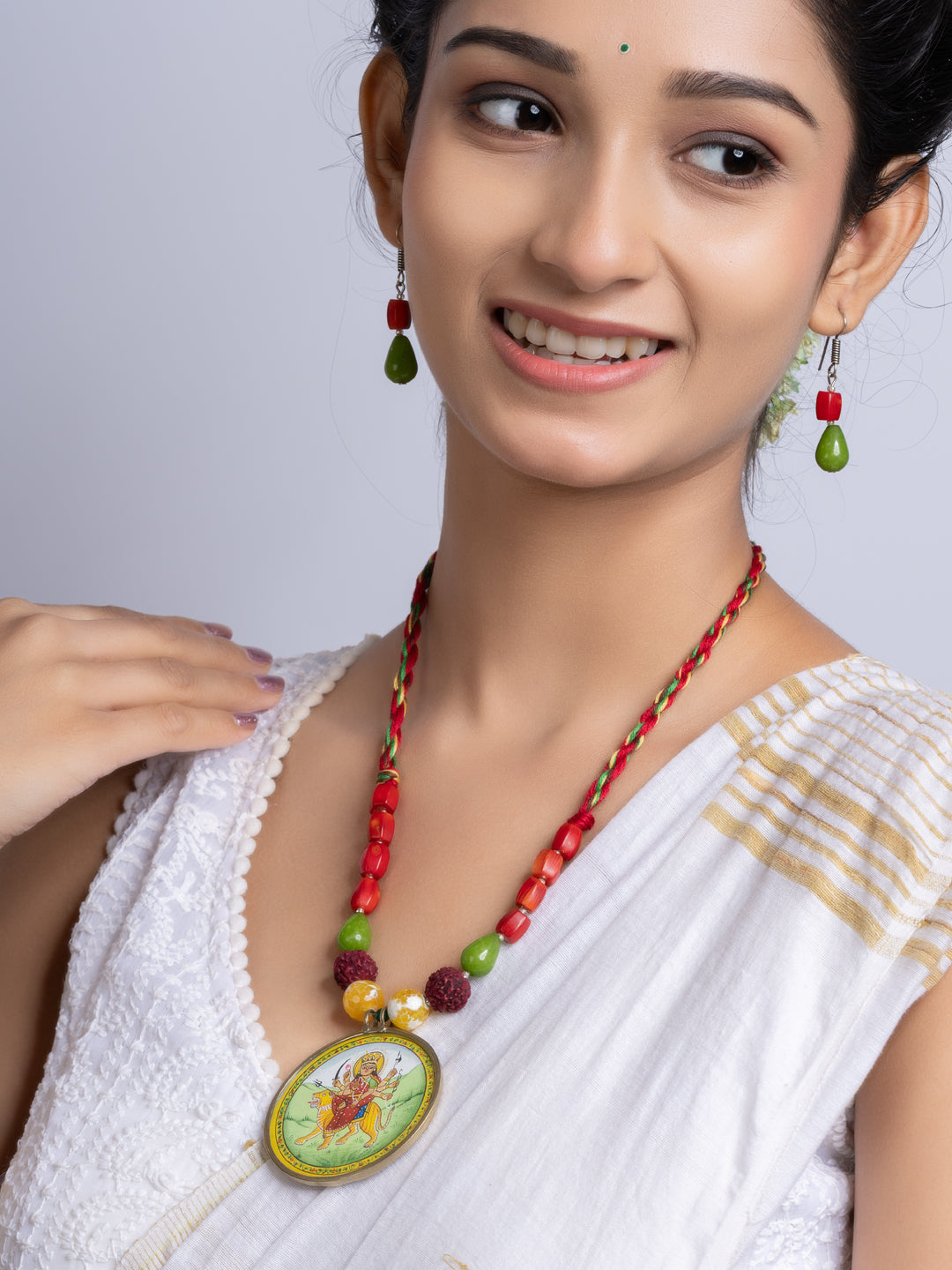 Miniature Durga Devi Red Green Coral Jade Adjustable Necklace Set With Earrings