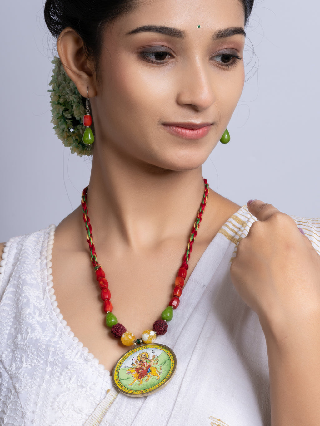 Miniature Durga Devi Red Green Coral Jade Adjustable Necklace Set With Earrings