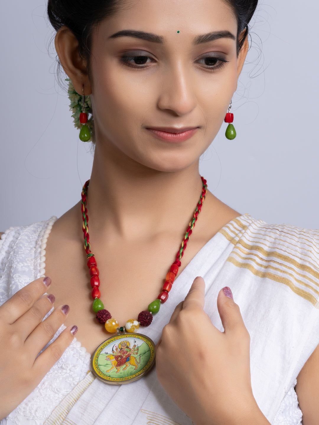 Miniature Durga Devi Red Green Coral Jade Adjustable Necklace Set With Earrings