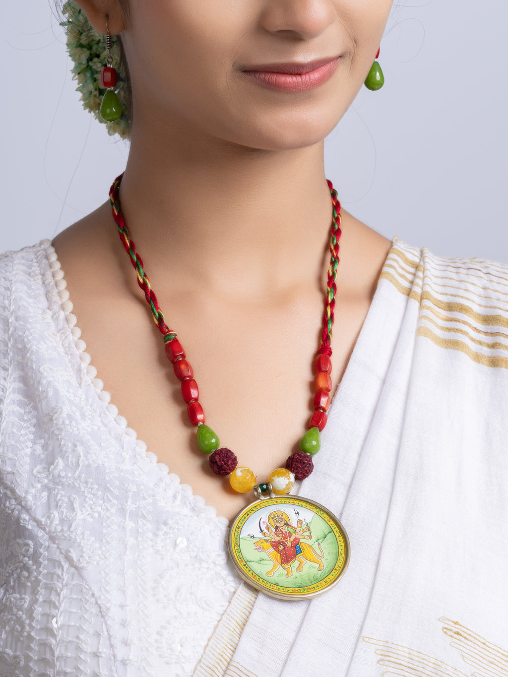 Miniature Durga Devi Red Green Coral Jade Adjustable Necklace Set With Earrings